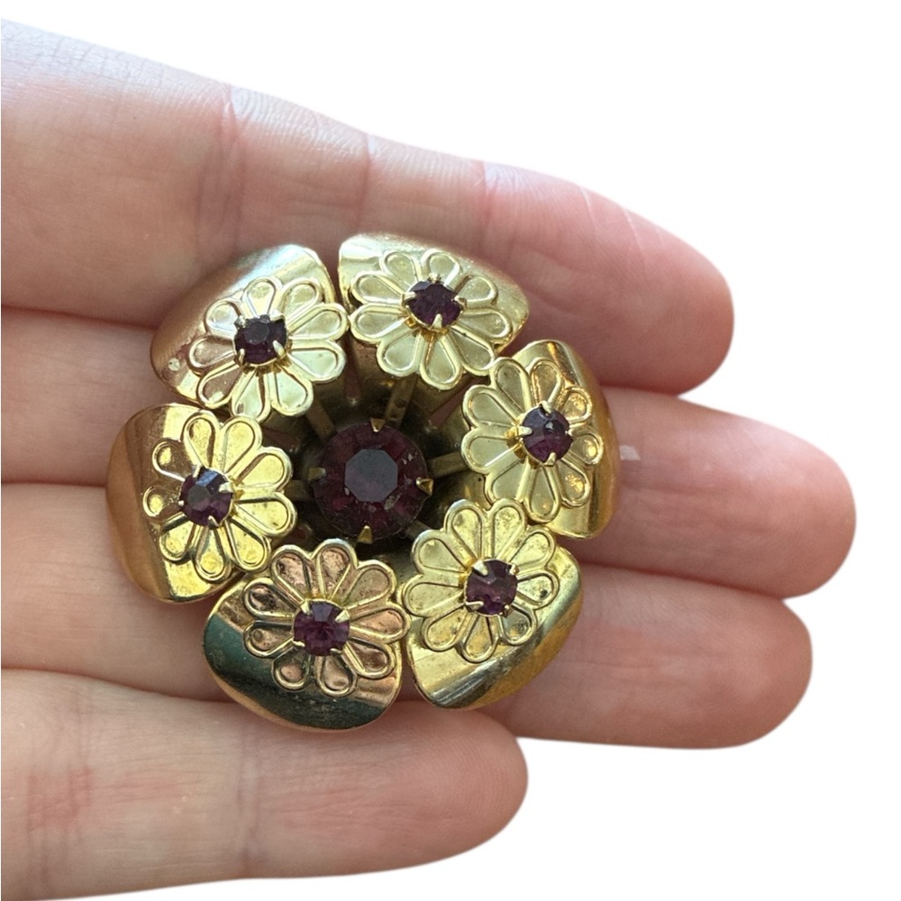 Gold Floral Domed Brooch with Dark Purple Rhinestones